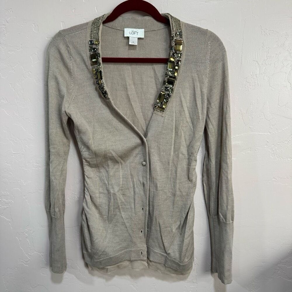 Ann Taylor Loft Taupe Beige Long Sleeve Cardigan Sweater SZ Small JEWLED V NECK
